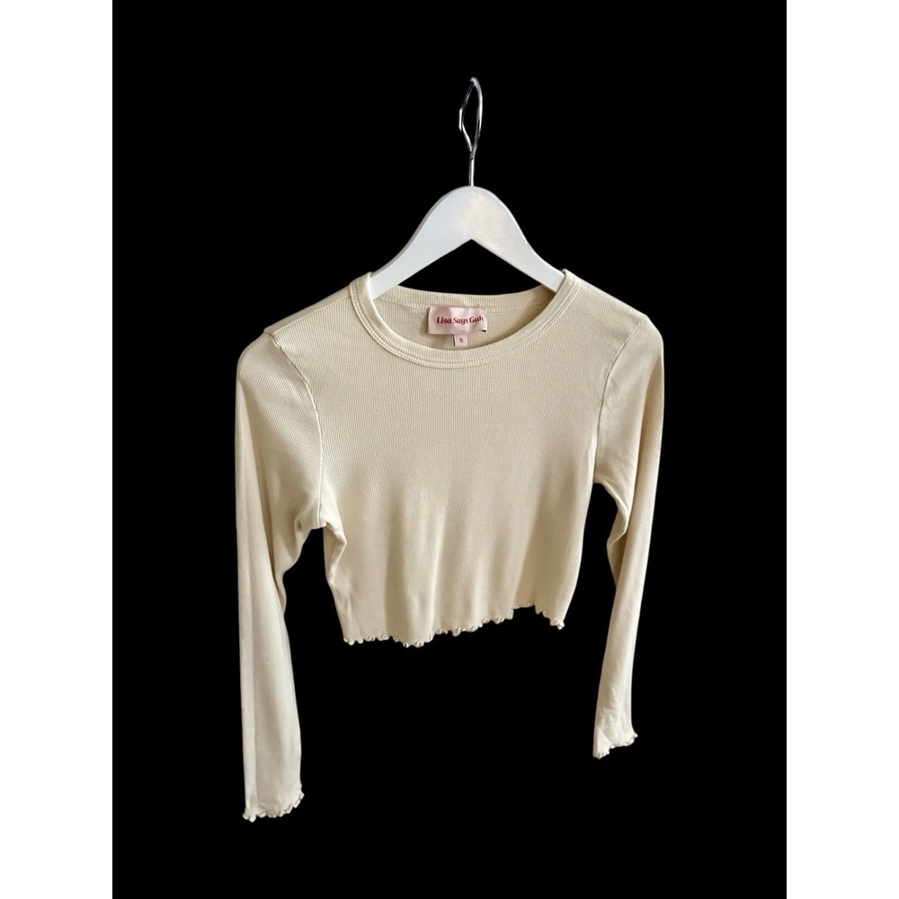 Lisa Says Gah Long Sleeve Crop Top Sz Small Lettuce Trim Beige Neutral